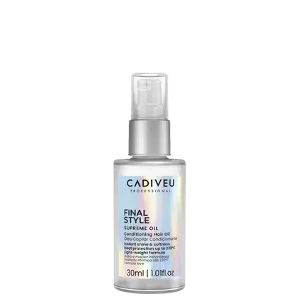 A imagem mostra o Óleo Capilar Cadiveu Professional Final Style Supreme Oil 30ml, uma embalagem prateada fosca com detalhes holográficos e texto na cor preta. Traz as informações: brilho e maciez instantânea, proteção térmica e fórmula leve.