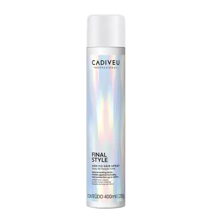A imagem mostra  o Spray Fixador Cadiveu Professional Final Style High Fix 400ml, com frasco plástico em tom prateado e branco e texto em preto. Traz as informações: spray de fixação alta, acabamento natural, escudo contra umidade e proteção térmica.