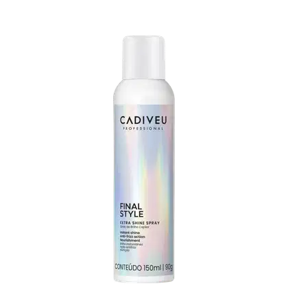 A imagem mostra o Spray de Brilho Cadiveu Professional Final Style Extra Shine 150ml, um frasco cilíndrico branco e prateado com texto em preto e as informações do produto: spray de brilho capilar para brilho instantâneo, ação antifrizz e nutrição.