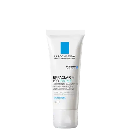 A imagem mostra o creme hidratante da marca La Roche-Posay. É o hidratante suavizante de Effaclar H Iso-Biome. Seu tubo plástico branco com letras na cor preta e azul claro.