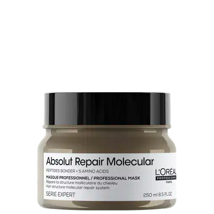 A imagem mostra a máscara capilar da marca L'Oréal Professionnel da linha Absolut Repair Molecular", indicada para reparar a estrutura molecular dos cabelos. O frasco é marrom com uma tampa preta e rótulo branco.