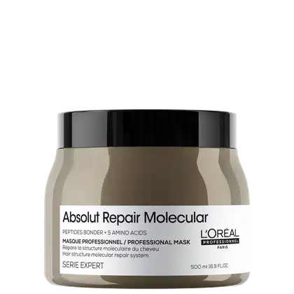A imagem mostra a máscara capilar da marca L'Oréal Professionnel da linha Absolut Repair Molecular", indicada para reparar a estrutura molecular dos cabelos. O frasco é marrom com uma tampa preta e rótulo branco.