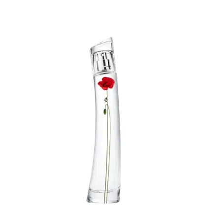 A imagem mostra o frasco do perfume Flower by Kenzo La Récolte Parisienne. é de vidro transparente em formato cilíndrico, nele está estampado uma papoula vermelha, com uma folha verde caída ao lado do seu caule e uma joaninha preta e branca, em seu caule.