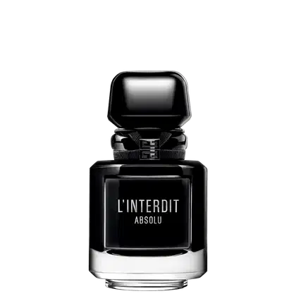 A imagem mostra o frasco do perfume L'Interdit Absolu. É um frasco de vidro preto reluzente, como uma joia, quadrado angulado com detalhes em prata na parte inferior e superior. A tampa do frasco é preta e retangular angulada.