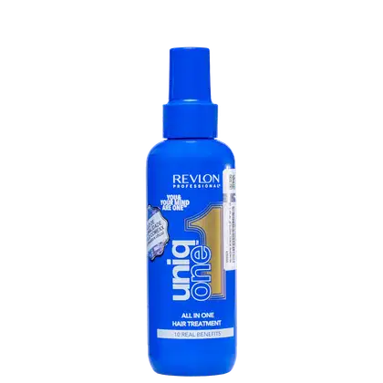 A imagem mostra o leave-in da linha Uniq One da Revlon Professional. Possui embalagem plástica azul brilhante em formato de frasco spray com tampa protetora. Rótulo frontal com o logotipo Revlon e o nome do produto. Possui detalhes em branco e dourado.