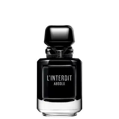 A imagem mostra o frasco do perfume L'Interdit Absolu. É um frasco de vidro preto reluzente, como uma joia, quadrado angulado com detalhes em prata na parte inferior e superior. A tampa do frasco é preta e retangular angulada.