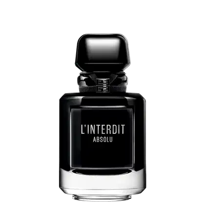 A imagem mostra o frasco do perfume L'Interdit Absolu. É um frasco de vidro preto reluzente, como uma joia, quadrado angulado com detalhes em prata na parte inferior e superior. A tampa do frasco é preta e retangular angulada.