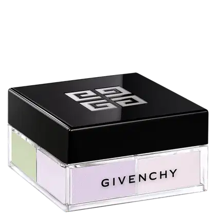 A imagem mostra o pó solto de Givenchy. É uma caixa preta elegante, com o logotipo da marca em relevo na tampa superior. A caixa é retangular e possui uma base transparente de acrílico que permite ver as cores suaves de verde, lilás e rosa.