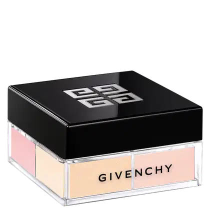 A imagem mostra o pó solto de Givenchy. É uma caixa preta elegante, com o logotipo da marca em relevo na tampa superior. A caixa é retangular e possui uma base transparente de acrílico que permite ver as cores suaves  rosadas e amareladas.