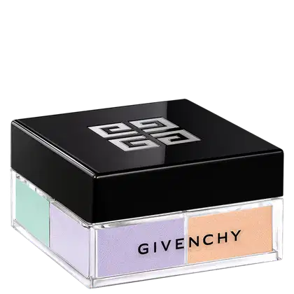 A imagem mostra o pó solto de Givenchy. É uma caixa preta elegante, com o logotipo da marca em relevo na tampa superior. A caixa é retangular e possui uma base transparente de acrílico que permite ver as cores suaves de verde, lilás e amarelo.
