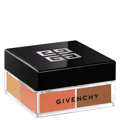 A imagem mostra o pó solto de Givenchy. É uma caixa preta elegante, com o logotipo da marca em relevo na tampa superior. A caixa é retangular e possui uma base transparente de acrílico que permite ver as cores quentes.