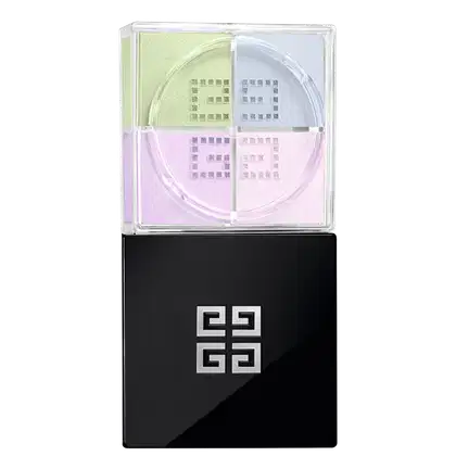 A imagem mostra o pó solto de Givenchy. É uma caixa preta elegante, com o logotipo da marca em relevo na tampa superior. A caixa é retangular e possui uma base transparente de acrílico que permite ver as cores suaves de verde, lilás e rosa.