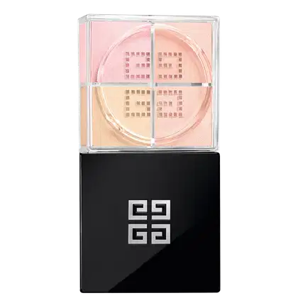A imagem mostra o pó solto de Givenchy. É uma caixa preta elegante, com o logotipo da marca em relevo na tampa superior. A caixa é retangular e possui uma base transparente de acrílico que permite ver as cores suaves  rosadas e amareladas.