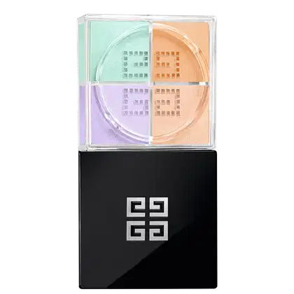 A imagem mostra o pó solto de Givenchy. É uma caixa preta elegante, com o logotipo da marca em relevo na tampa superior. A caixa é retangular e possui uma base transparente de acrílico que permite ver as cores suaves de verde, lilás e amarelo.