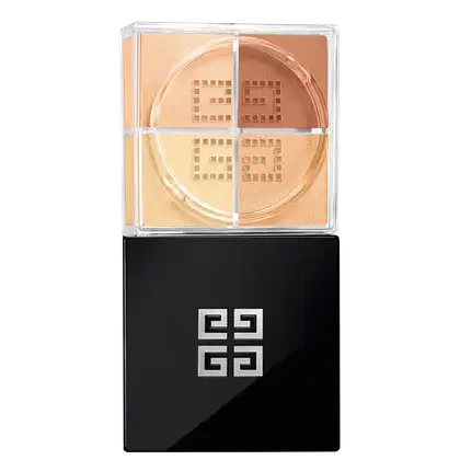 A imagem mostra o pó solto de Givenchy. É uma caixa preta elegante, com o logotipo da marca em relevo na tampa superior. A caixa é retangular e possui uma base transparente de acrílico que permite ver as cores em tons de ocre e laranja.