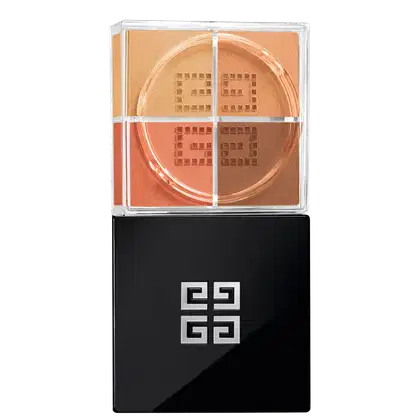 A imagem mostra o pó solto de Givenchy. É uma caixa preta elegante, com o logotipo da marca em relevo na tampa superior. A caixa é retangular e possui uma base transparente de acrílico que permite ver as cores quentes.