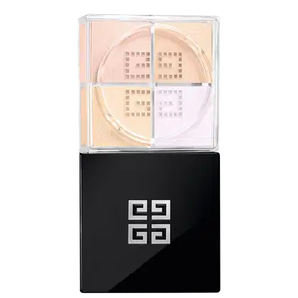 A imagem mostra o pó solto de Givenchy. É uma caixa preta elegante, com o logotipo da marca em relevo na tampa superior. A caixa é retangular e possui uma base transparente de acrílico que permite ver as cores suaves do pó solto.