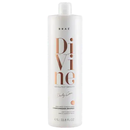 Frasco branco da linha Divine da marca Braé, contendo condicionador antifrizz para cabelos brilhantes e lisos. O rótulo apresenta o nome do produto "Divine" em letras grandes e douradas.