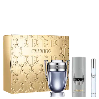 Conjunto de fragrâncias Rabanne: frasco de perfume de vidro azul com detalhes prateados, caixa dourada com padrão geométrico, desodorante spray em embalagem cilíndrica prateada e minifrasco de perfume. Os nomes "Rabanne" e "Invictus" estão nas embalagens.
