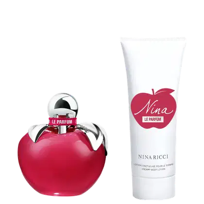 Perfume Nina Le Parfum da marca Nina Ricci em frasco de vidro vermelho na forma de uma maçã com detalhes cromados. Loção cremosa para o corpo Nina Le Parfum em tubo branco com rótulo vermelho em forma de maçã.