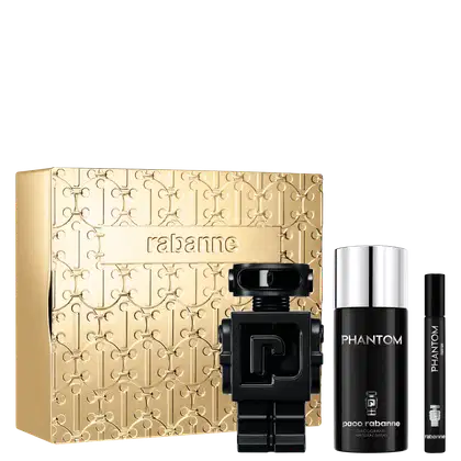 Conjunto de fragrâncias masculinas da marca Paco Rabanne. Inclui uma caixa dourada com um padrão geométrico gravado, um frasco de perfume preto com o nome "Phantom" e um frasco menor pra viagem e um frasco de desodorante spray corporal da mesma linha.