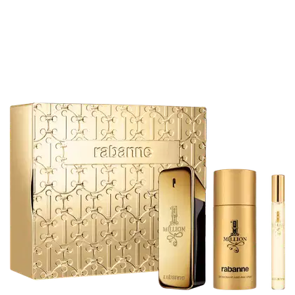 Conjunto de fragrâncias da marca Rabanne. Uma caixa dourada decorada com um padrão geométrico intrincado, com o nome "Rabanne" gravado na parte frontal. Um frasco dourado de perfume da linha "1 Million, desodorante spray e um pequeno frasco travel size.