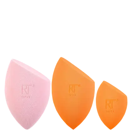 A imagem mostra um kit com três esponjas. Duas grandes em cores rosa e laranja, e uma menor cor laranja. Estão lado a lado em fundo branco.
