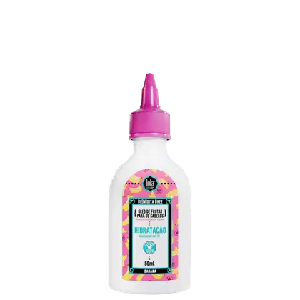 A imagem mostra um frasco plástico branco com tampa rosada e rótulo com fundo rosa e desenhos de banana, além de informações do produto como marca, tipo de produto e, no rodapé do rótulo, a volumetria.
