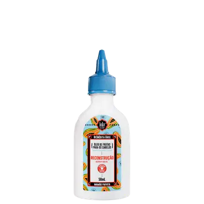A imagem mostra um frasco plástico branco com tampa azul e rótulo com fundo azul claro e desenhos de mamão, além de informações do produto como marca, tipo de produto e, no rodapé do rótulo, a volumetria.