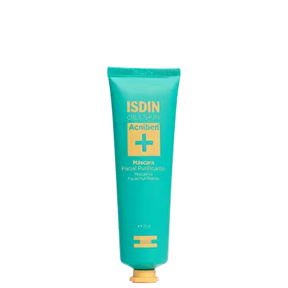 O tubo é de plástico na cor verde água. Na frente, há o logotipo Isdin e o nome do produto "Acniben" em letras amarelas, além de informações como "Máscara Facial Purificante" e o volume de 75ml. O tubo tem detalhes em amarelo que complementam o design.