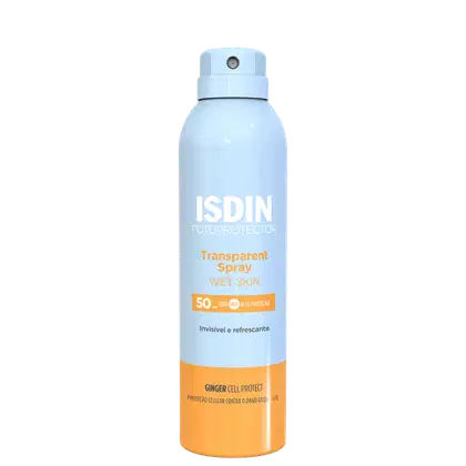 Frasco cilíndrico spray nas cores azul claro e laranja.