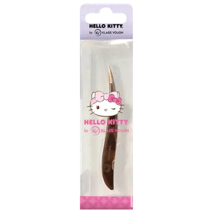 A imagem mostra um pinça bisturi de cor rosé em uma embalagem transparente com o rosto da Hello Kitty piscando o olho e o nome da marca escrito em rosa.