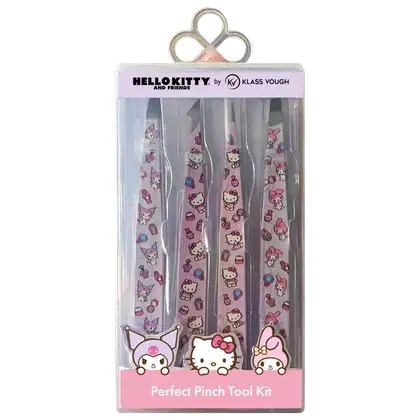 A imagem traz uma embalagem transparente com detalhes em rosa onde é possível ver as 4 pinças na parte de dentro, todas decoradas com padrões de Hello Kitty, My Melody e outros personagens em tons de rosa e branco.