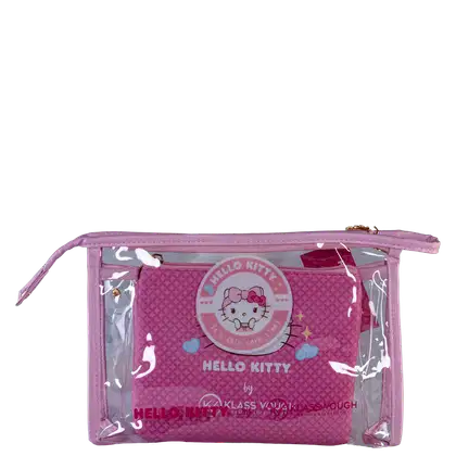 A imagem mostra um nécessaire com detalhes rosa pink, de plástico transparente em formato retangular com um rótulo arredondado da Hello Kitty no centro. Na parte de dentro é possível ver uma bolsinha menor, com estampa colorida do mesmo tema.