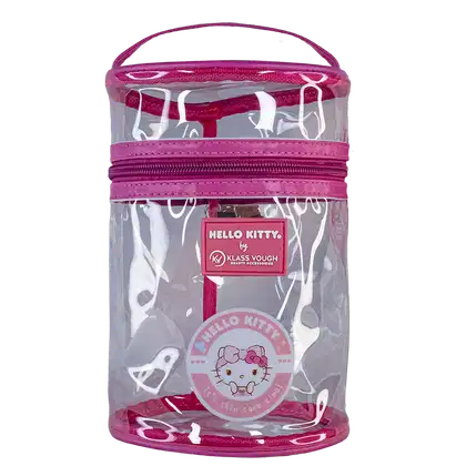 Nécessaire cilíndrico transparente com fecho e alça cor de rosa. Traz o logo da marca e uma ilustração da hello kitty no rótulo.