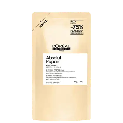 Embalagem de shampoo profissional L'Oréal Absolut Repair, com 240ml, em tom bege, com rótulo destacando a nova fórmula com proteína e ômega-9 para reconstrução instantânea de cabelos danificados.