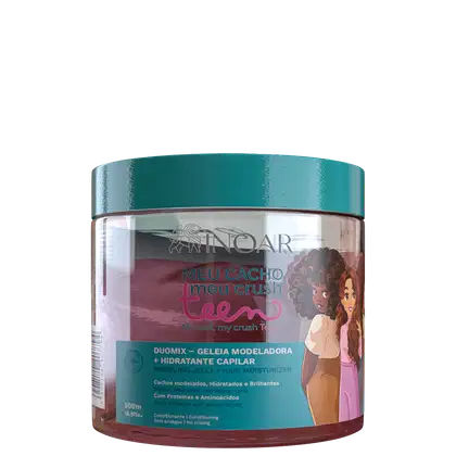 A imagem mostra a Geleia Modeladora e Hidratante Capilar Inoar Meu Cacho, Meu Crush Teen Duomix 500g, embalagem plástica com formato circular. Traz ilustração de meninas com cabelos cacheados. As cores predominantes são verde, rosa e branco.