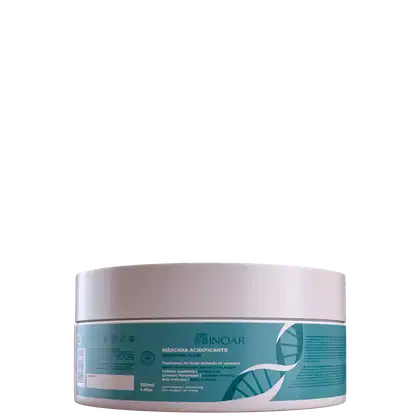 Máscara acidificante da linha Inoar. Embalagem redonda com tampa branca e rótulo verde com detalhes em branco, descrevendo o produto como "Tratamento pH Ácido", que combate a porosidade e sela as cutículas.
