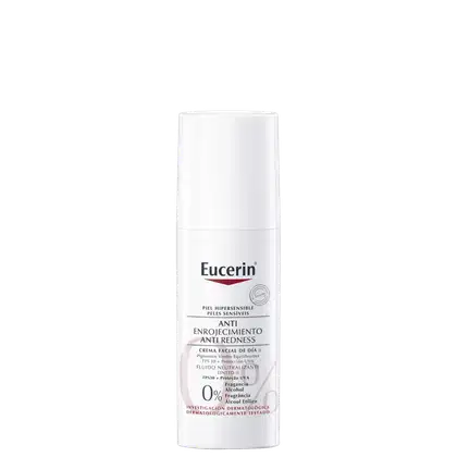 Frasco branco de Eucerin contendo "Anti Enrojecimiento Anti Redness", uma crema facial de dia com FPS 30 e proteção UVA, sem álcool e fragrância, testada dermatologicamente.