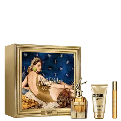 Conjunto de produtos de perfumaria Jean Paul Gaultier Scandal. Frasco de perfume dourado, caixa decorativa com imagem de mulher em estilo vintage, tubo de loção corporal e miniatura do perfume. Tons predominantes são dourado, azul e branco.