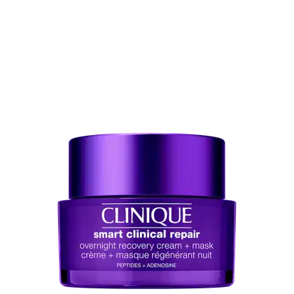 Creme de recuperação noturna + máscara da linha Smart Clinical Repair da Clinique. Embalagem roxa com tampa metálica na mesma tonalidade.