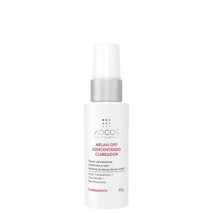 Produto clareador concentrado Melan-Off da marca Adcos. Embalagem plástica branca opaca com tampa protetora. Rótulo frontal com texto descrevendo o produto como um clareador uniformizador de tom que minimiza danos da luz visível. Frasco de 30g.