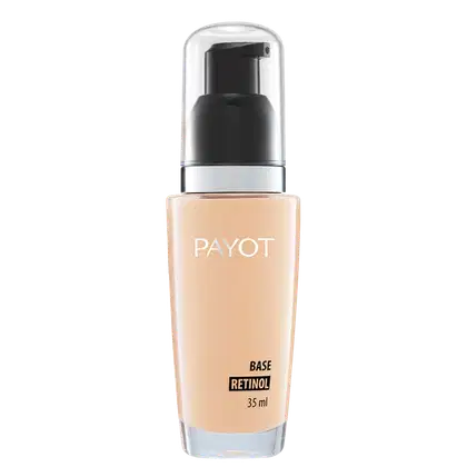 A imagem apresenta frasco de plástico transparente com tampa preta e detalhes prateados. Contém um líquido bege claro. Rótulo na frente indica "BASE RETINOL" e o volume de 35ml.