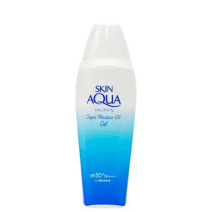 Embalagem plástica branca com gradiente azul claro na parte inferior. Rótulo com o nome do produtoem letras azuis. Design simples e minimalista, com foco na indicação das propriedades de hidratação e proteção.