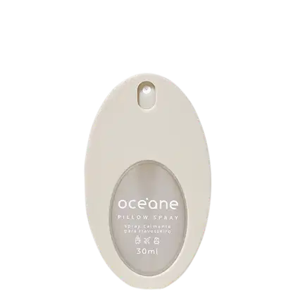 Frasco spray oval, cor bege com centro transparente onde é possível ver o líquido.