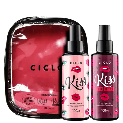 Conjunto de body splash da marca Ciclo Cosméticos. Inclui uma necessaire oval vermelha brilhante com o logotipo "Ciclo" em letras pretas. Dois frascos de borrifadores de 100ml cada, com rótulos rosa e roxo.