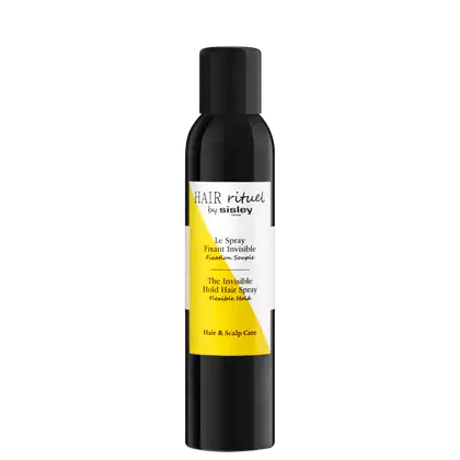 A imagem mostra um frasco spray preto com rótulo branco e amarelo e letras pretas, com tampa também preta.