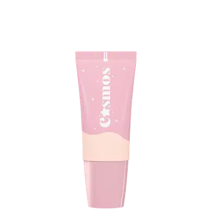 Embalagem com tampa cor-de-rosa claro, com inscrição de nome. Parte superior com tom da base e detalhes brancos na parte inferior, com pequenas estrelas decorativas ao redor. A embalagem tem um design minimalista e delicado.