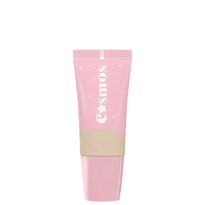 Embalagem com tampa cor-de-rosa claro, com inscrição de nome. Parte superior com tom da base e detalhes brancos na parte inferior, com pequenas estrelas decorativas ao redor. A embalagem tem um design minimalista e delicado.