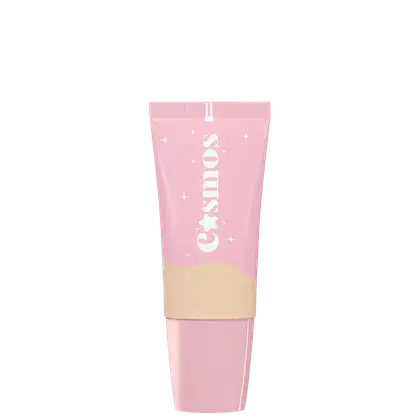 Embalagem com tampa cor-de-rosa claro, com inscrição de nome. Parte superior com tom da base e detalhes brancos na parte inferior, com pequenas estrelas decorativas ao redor. A embalagem tem um design minimalista e delicado.